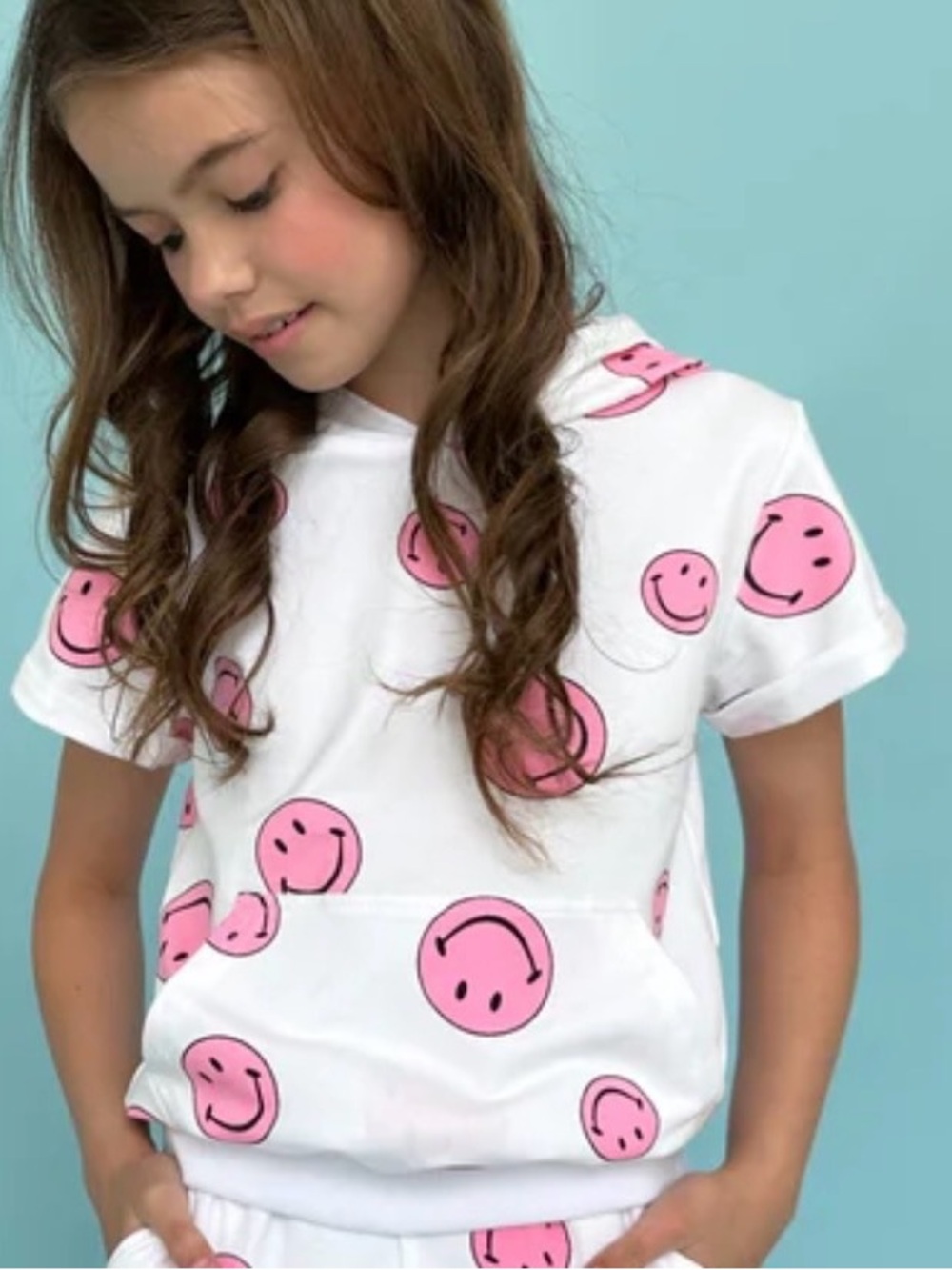 Lola and the boys pink 12 happy face emoji short sleeve hoodie top girls shirt